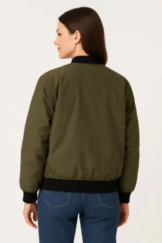 Lined and Zippered Bomber Jacket - Khaki - 4