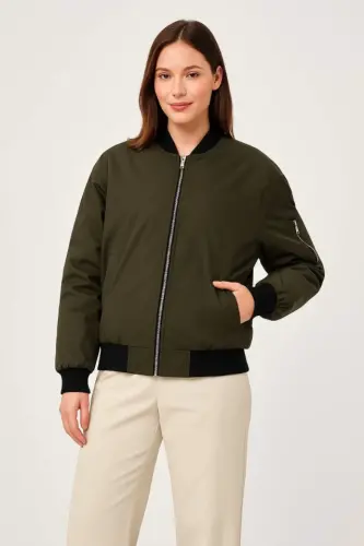 Lined and Zippered Bomber Jacket - Khaki - 1