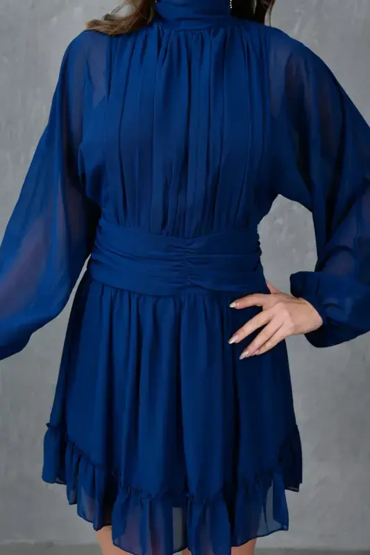 Lined Chiffon Fabric Back Detailed Long Balloon Sleeve Navy Evening Dress 066-NAVY - 1