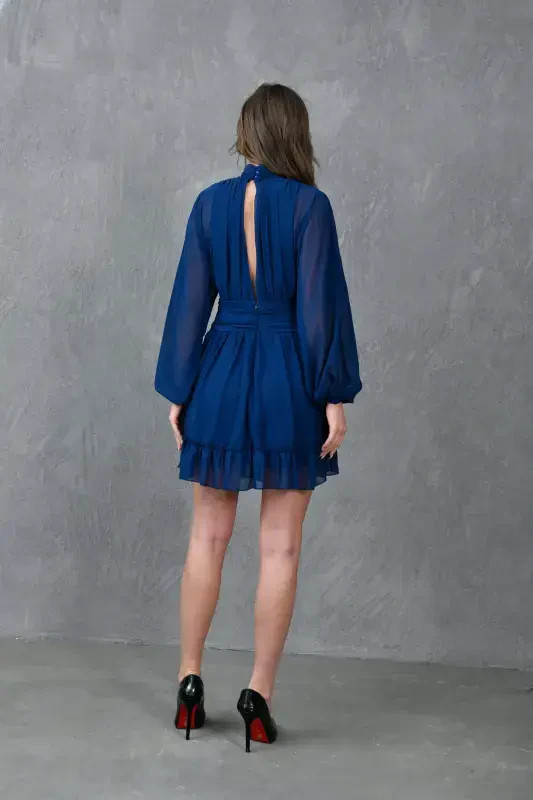 Lined Chiffon Fabric Back Detailed Long Balloon Sleeve Navy Evening Dress 066-NAVY - 2