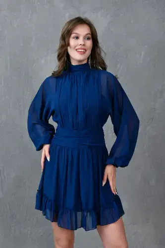 Lined Chiffon Fabric Back Detailed Long Balloon Sleeve Navy Evening Dress 066-NAVY - 3