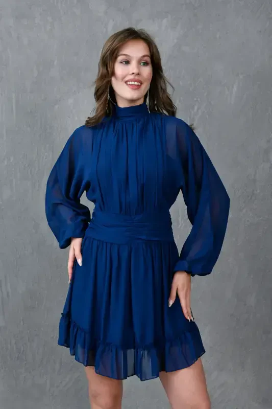 Lined Chiffon Fabric Back Detailed Long Balloon Sleeve Navy Evening Dress 066-NAVY - 3
