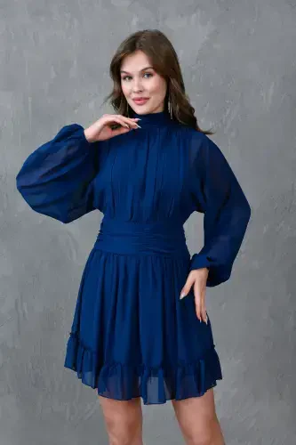 Lined Chiffon Fabric Back Detailed Long Balloon Sleeve Navy Evening Dress 066-NAVY - 4