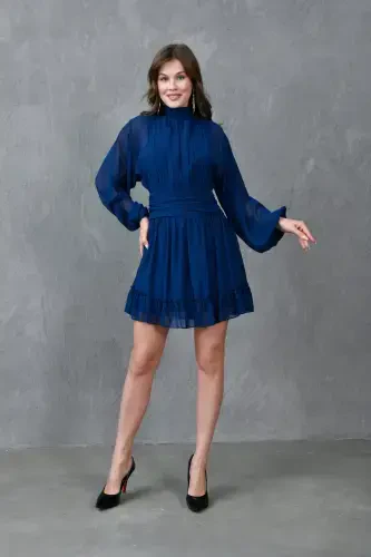 Lined Chiffon Fabric Back Detailed Long Balloon Sleeve Navy Evening Dress 066-NAVY - 5