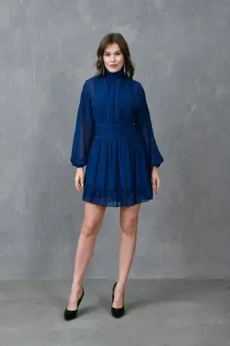 Lined Chiffon Fabric Back Detailed Long Balloon Sleeve Navy Evening Dress 066-NAVY - 6