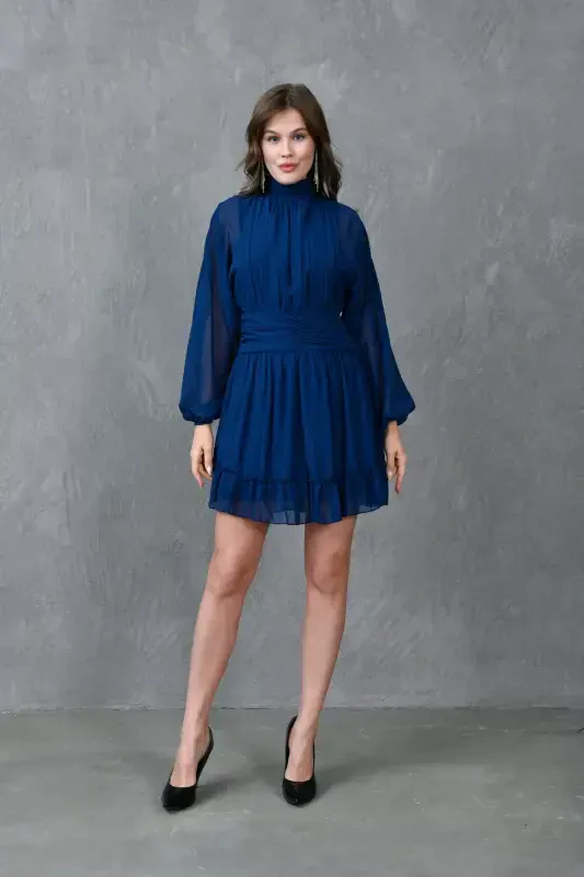 Lined Chiffon Fabric Back Detailed Long Balloon Sleeve Navy Evening Dress 066-NAVY - 6