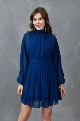 Lined Chiffon Fabric Back Detailed Long Balloon Sleeve Navy Evening Dress 066-NAVY - 8