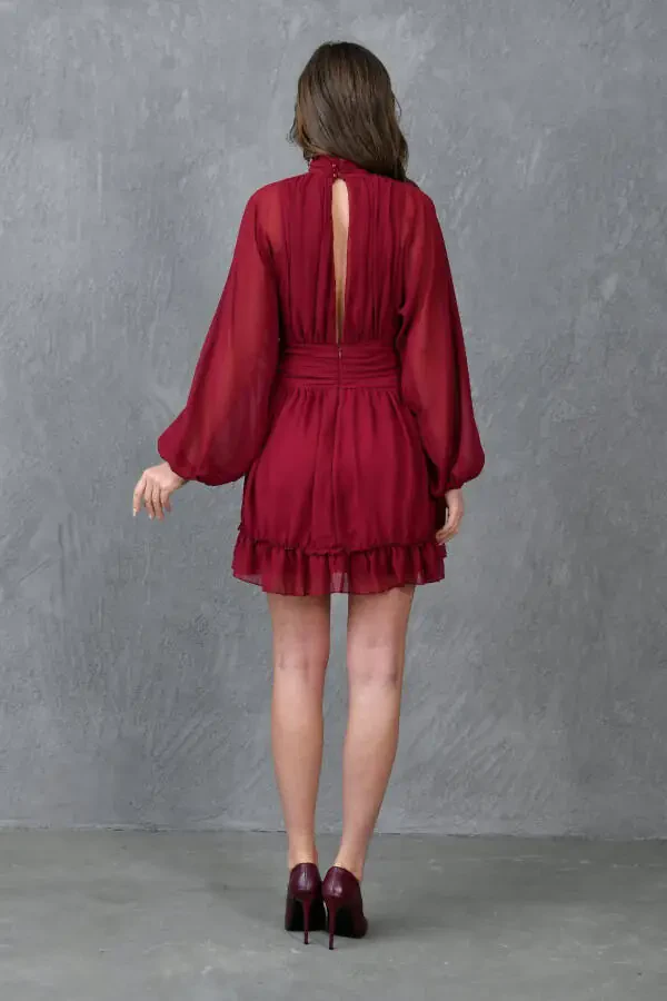 Lined Chiffon Fabric Back Detailed Long Balloon Sleeves - 2