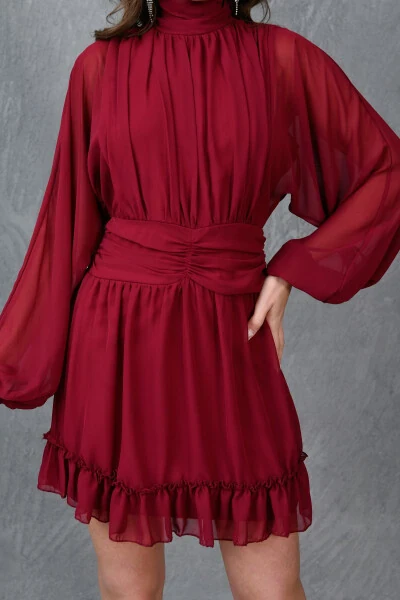 Lined Chiffon Fabric Back Detailed Long Balloon Sleeves - 3