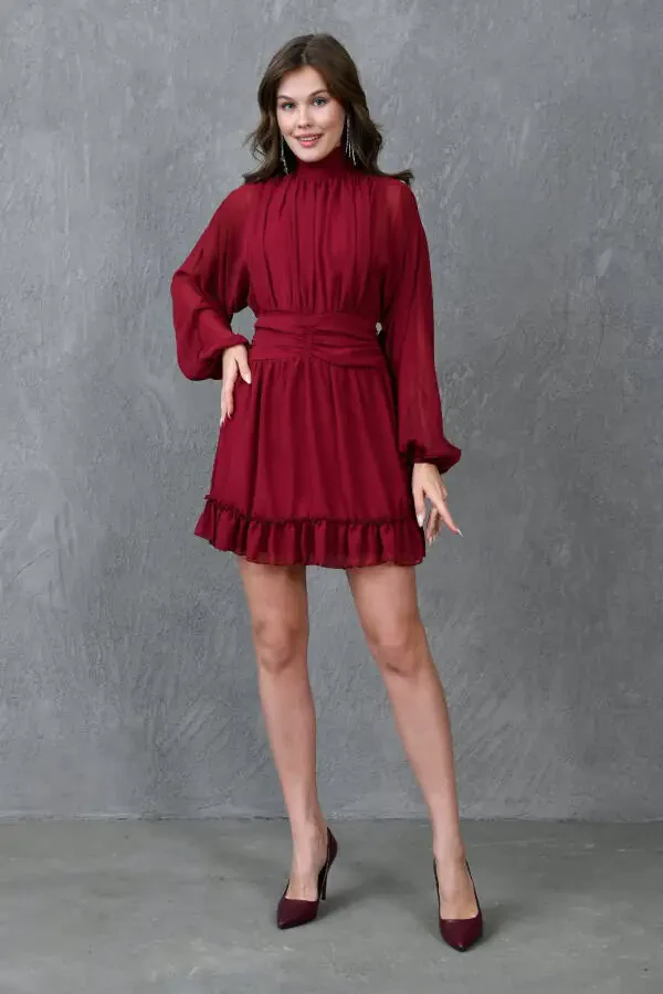 Lined Chiffon Fabric Back Detailed Long Balloon Sleeves - 4