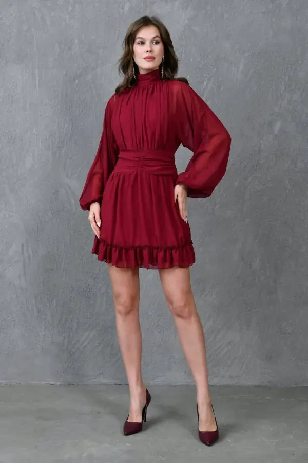 Lined Chiffon Fabric Back Detailed Long Balloon Sleeves - 5