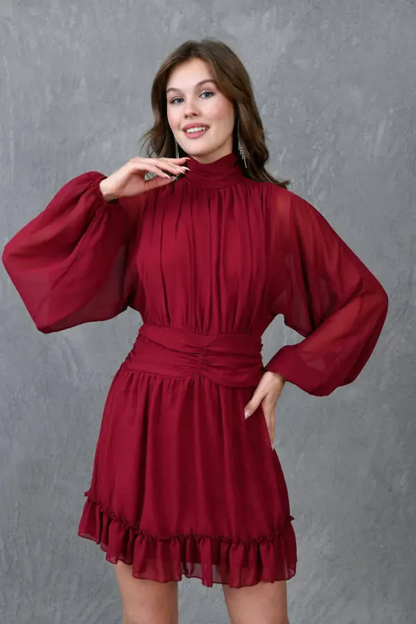 Lined Chiffon Fabric Back Detailed Long Balloon Sleeves - 6