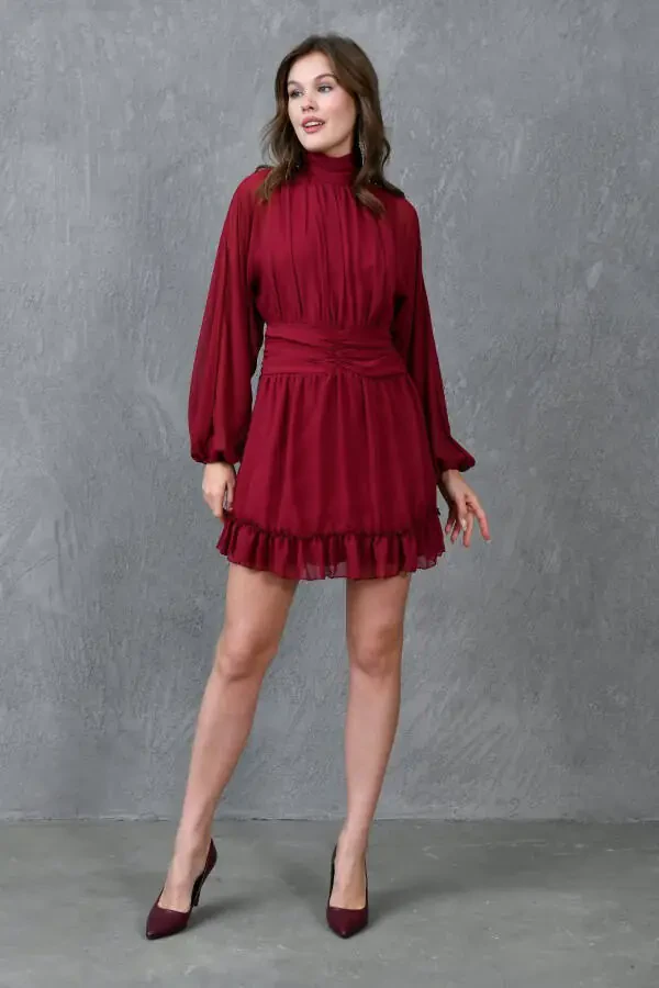 Lined Chiffon Fabric Back Detailed Long Balloon Sleeves - 7