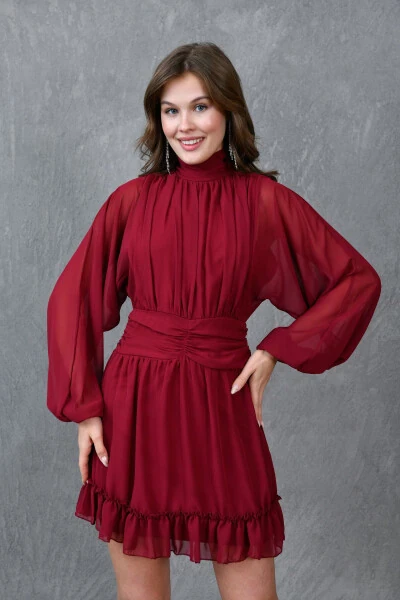 Lined Chiffon Fabric Back Detailed Long Balloon Sleeves - 8