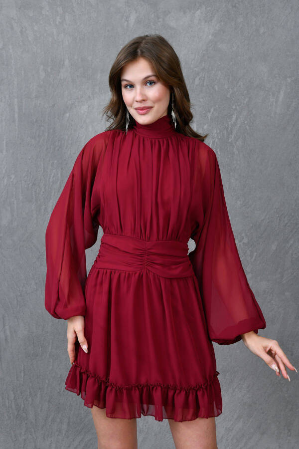 Lined Chiffon Fabric Back Detailed Long Balloon Sleeves - 1