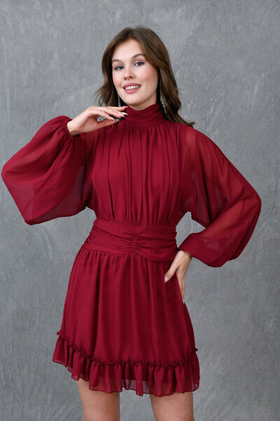 Lined Chiffon Fabric Back Detailed Long Balloon Sleeves - 6