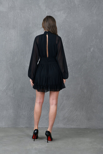 Lined Chiffon Fabric Backless Long Balloon Sleeves - 3