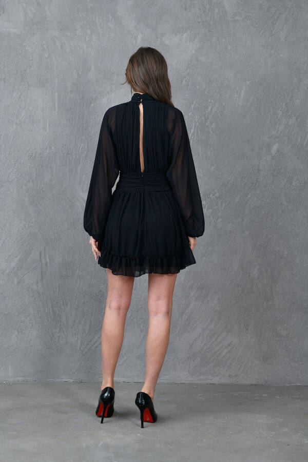 Lined Chiffon Fabric Backless Long Balloon Sleeves - 3