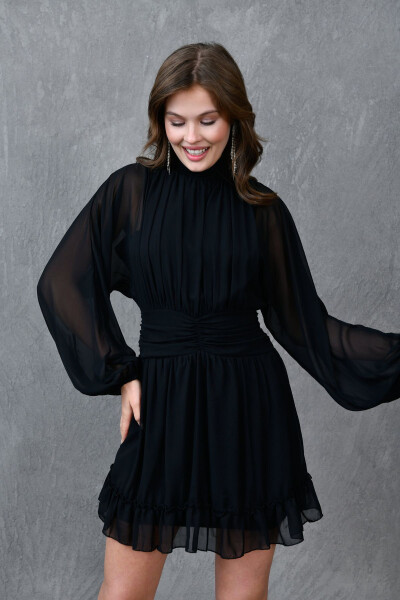 Lined Chiffon Fabric Backless Long Balloon Sleeves - 5