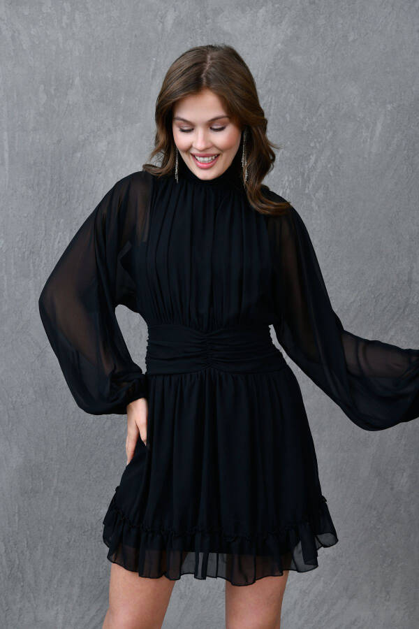 Lined Chiffon Fabric Backless Long Balloon Sleeves - 5