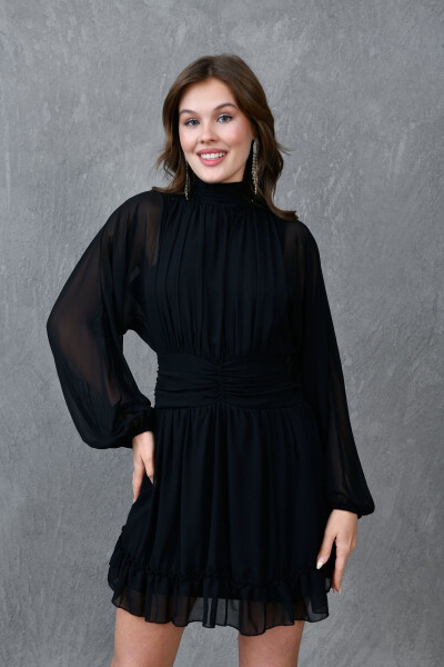 Lined Chiffon Fabric Backless Long Balloon Sleeves - 7