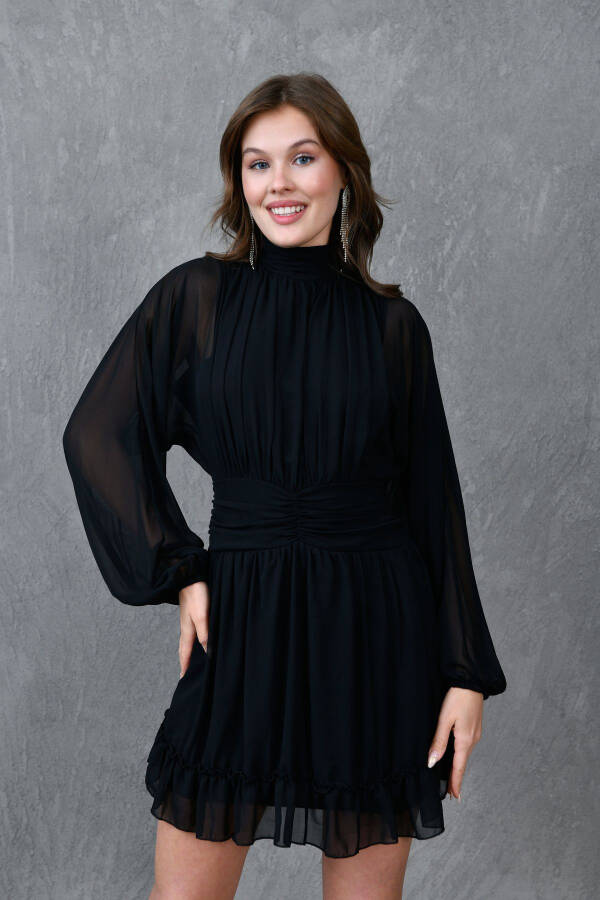 Lined Chiffon Fabric Backless Long Balloon Sleeves - 7