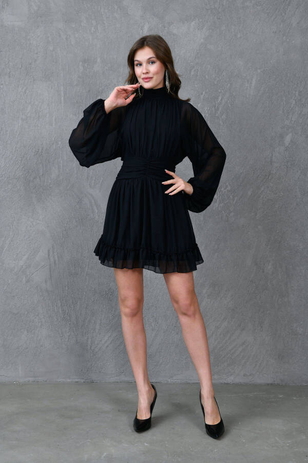 Lined Chiffon Fabric Backless Long Balloon Sleeves - 4