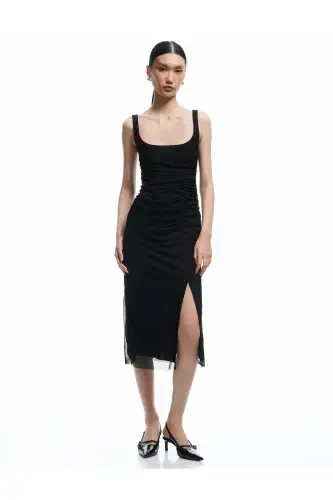 Lined Drape Detailed Slim Fit Square Neck Strap Midi Dress - 1