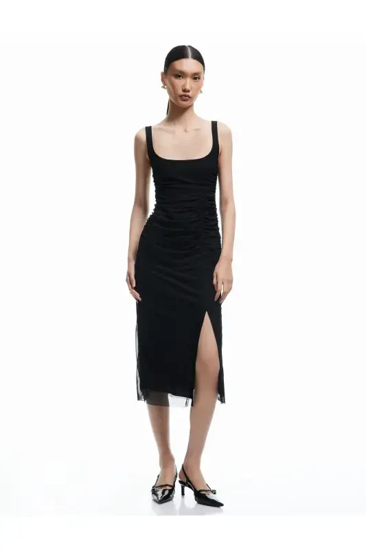 Lined Drape Detailed Slim Fit Square Neck Strap Midi Dress - 1