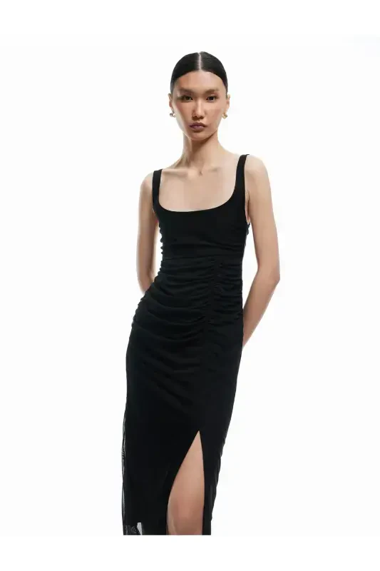 Lined Drape Detailed Slim Fit Square Neck Strap Midi Dress - 2