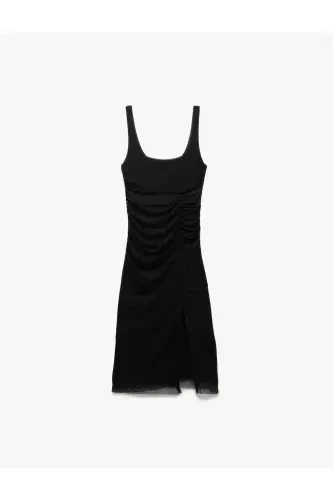 Lined Drape Detailed Slim Fit Square Neck Strap Midi Dress - 3