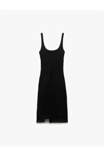 Lined Drape Detailed Slim Fit Square Neck Strap Midi Dress - 4