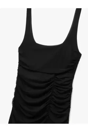 Lined Drape Detailed Slim Fit Square Neck Strap Midi Dress - 5