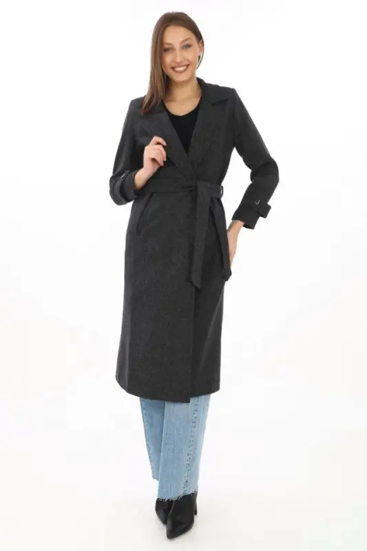Lined Herringbone Cashmere Blend Coat - Black - 4