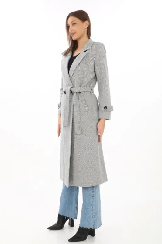 Lined Herringbone Cashmere Blend Coat - Gray - BÜYÜKBEDENIZ
