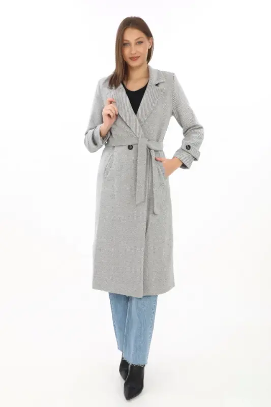 Lined Herringbone Cashmere Blend Coat - Gray - 2