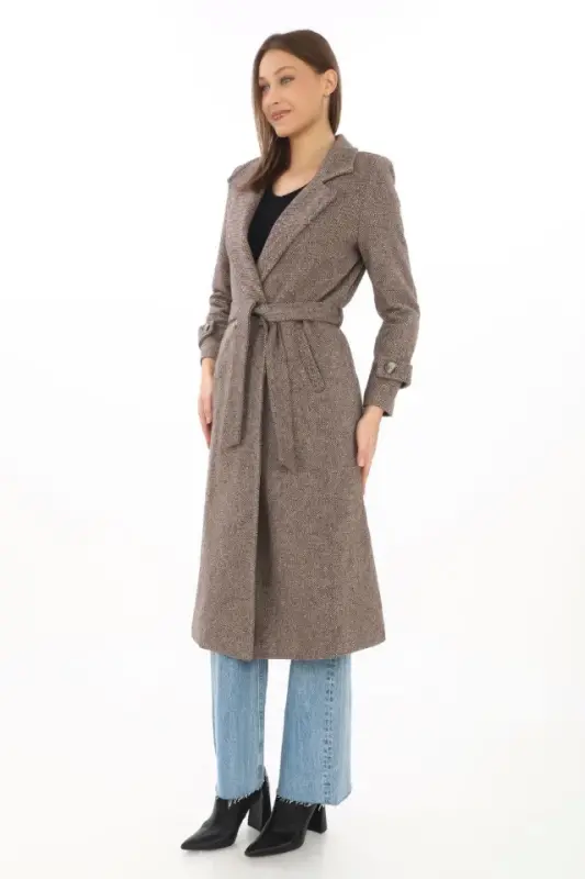Lined Herringbone Cashmere Blend Coat - Mink - 2