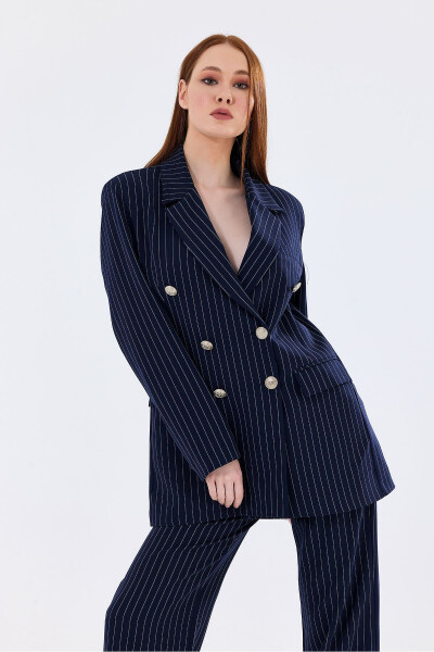 Lined Hürrem Fabric Striped Suit Dress | TK35550 Navy White Striped - 31