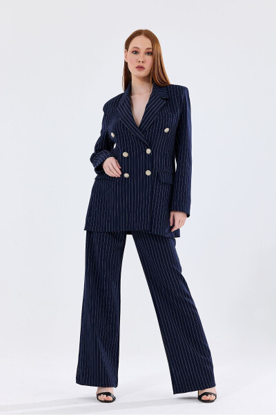 Lined Hürrem Fabric Striped Suit Dress | TK35550 Navy White Striped - 23