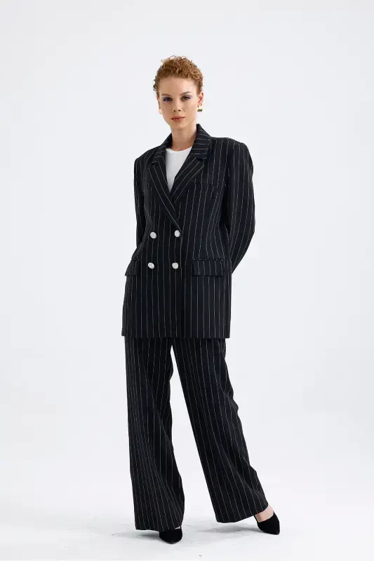 Lined Hürrem Fabric Striped Suit | TK35550 Black White Striped-Black White Striped - SENSE