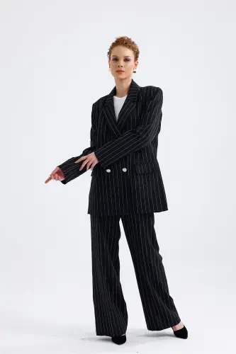 Lined Hürrem Fabric Striped Suit | TK35550 Black White Striped-Black White Striped - 2