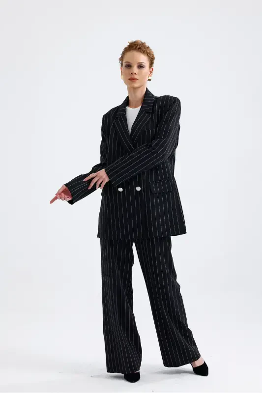 Lined Hürrem Fabric Striped Suit | TK35550 Black White Striped-Black White Striped - 2