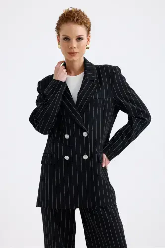 Lined Hürrem Fabric Striped Suit | TK35550 Black White Striped-Black White Striped - 3