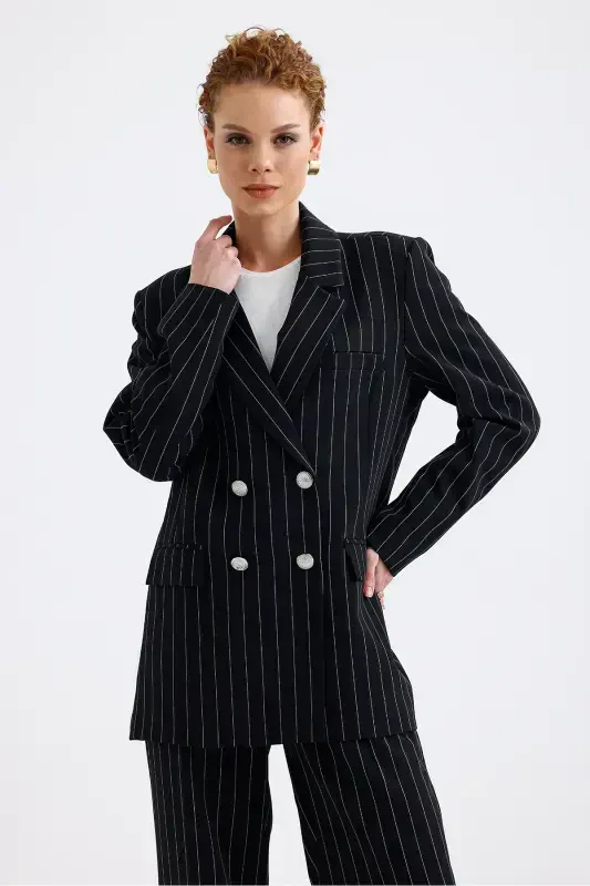 Lined Hürrem Fabric Striped Suit | TK35550 Black White Striped-Black White Striped - 3