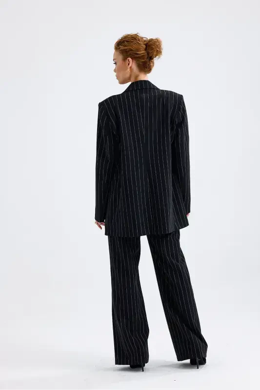 Lined Hürrem Fabric Striped Suit | TK35550 Black White Striped-Black White Striped - 5