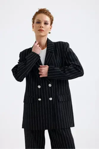 Lined Hürrem Fabric Striped Suit | TK35550 Black White Striped-Black White Striped - 7