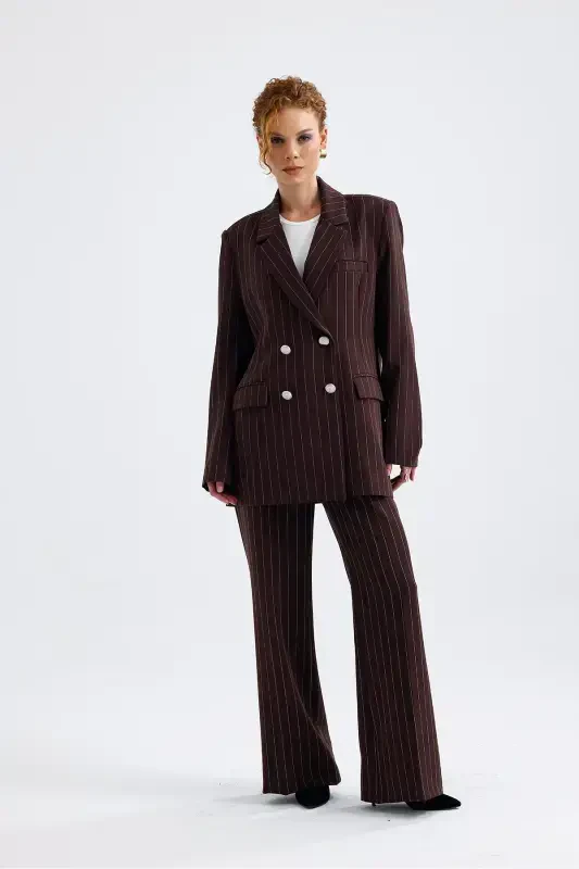 Lined Hürrem Fabric Striped Suit | TK35550 Coffee White Striped-Coffee White Striped - 1