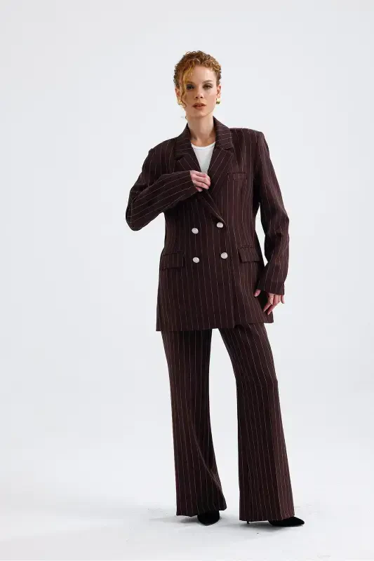 Lined Hürrem Fabric Striped Suit | TK35550 Coffee White Striped-Coffee White Striped - 2