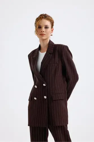 Lined Hürrem Fabric Striped Suit | TK35550 Coffee White Striped-Coffee White Striped - 3