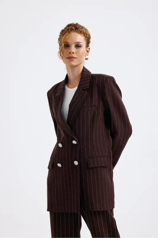 Lined Hürrem Fabric Striped Suit | TK35550 Coffee White Striped-Coffee White Striped - 3